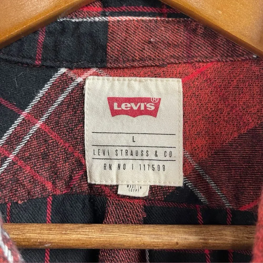 Levis Levi Strauss & Co Plaid Shirt Red & Black Long Sleeve Button Up Mens Large